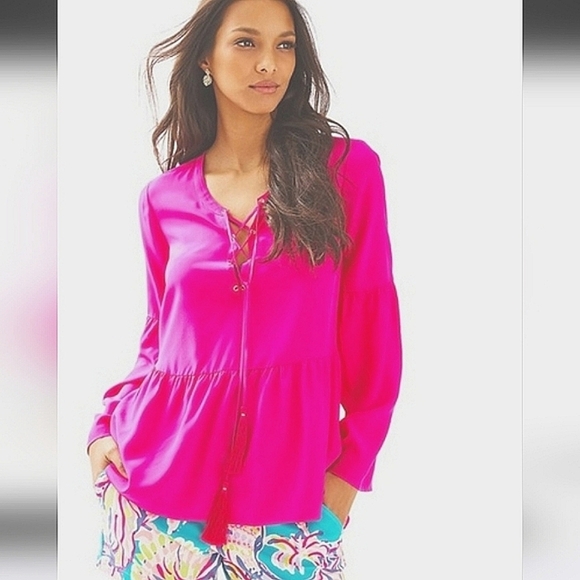 Lilly Pulitzer Tops - LILLY PULITZER Milan silk Hot pink tie front ling sleeve top. Size XS